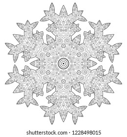 Hand drawn antistress snowflake. Template for cover, poster, t-shirt or tattoo. Winter coloring pages for adult art therapy. Vector illustration.