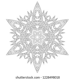 Hand drawn antistress snowflake. Template for cover, poster, t-shirt or tattoo. Winter coloring pages for adult art therapy. Vector illustration.