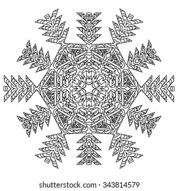 Hand drawn antistress snowflake. Template for cover, poster, t-shirt or tattoo. Winter coloring pages for adult art therapy. Vector illustration