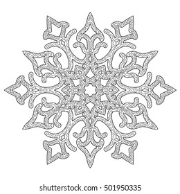 Hand drawn antistress snowflake. Zentangle template for cover, poster, t-shirt or tattoo. Winter coloring pages for adult art therapy. Vector illustration.