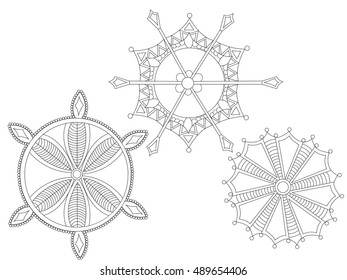 Hand drawn antistress snowflakes. Template for cover, poster, t-shirt or tattoo. Winter coloring pages for adult art therapy. Vector illustration.