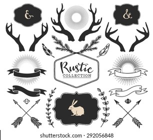 Hand drawn antlers, bursts, arrows, ribbons and frames with lettering. Rustic decorative vector design set. Vintage ink illustration.