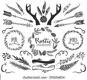 Hand drawn antlers, bursts, arrows, ribbons and frames with lettering. Rustic decorative vector design set. Vintage ink illustration.