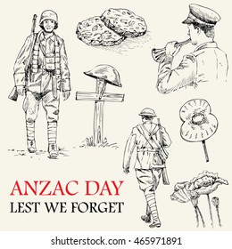 Hand drawn of Anzac icons