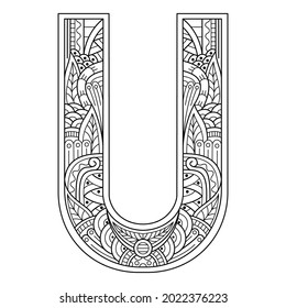 Hand drawn of aphabet letter U in zentangle style