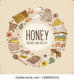 Hand drawn apiary objects arranged in circle composition. Beekeeping inventory in sketch style. Vector Illustration.