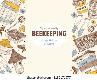 Hand drawn apiary objects arranged in vertical composition. Beekeeping inventory in sketch style. Vector Illustration.