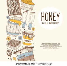 Hand drawn apiary objects arranged in vertical composition. Beekeeping inventory in sketch style. Vector Illustration.