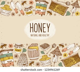 Hand drawn apiary objects arranged in horizontal composition. Beekeeping inventory in sketch style. Vector Illustration.