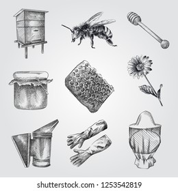 Hand Drawn Apiary Sketches Set. Collection Of honey, Honey dipper, bee smoker, flower, Beekeeper hat, Wooden hive. Honey and Beekeeping Sketches isolated on white background.