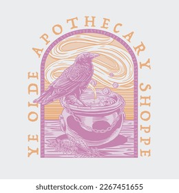 HAND DRAWN APOTHECARY WITCH RAVEN CROW POTION VINTAGE TSHIRT TEE PRINT FOR APPAREL MERCHANDISE