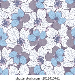 Hand drawn Apple flowers in violet, blue and white. Modern floral seamless vector pattern suitable for fashion fabrics, wallpapers, curtains and upholstery.