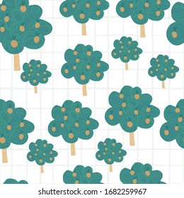 Árboles frutales de manzana dibujados a mano sin fisuras en fondo blanco. Papel pintado de árbol de Doodle. Diseño para tela, impresión textil, papel de envolver, textil de cocina, cubierta. Ilustración del vector