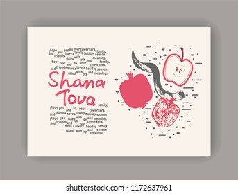 Hand drawn apple and Garnet and shofar. Shana Tova.Rosh hashanah (jewish New Year holiday) concept. Traditional Judaism symbols.day of the holy assembly.holiday card with wishes