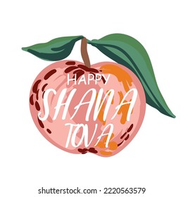 Hand drawn apple with Happy Shana Tova Lettering. Happy New Year in Hebrew. Rosh Hashanah design template, Jewish New Year card.