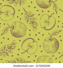 Hand drawn apple harvest elements seamless pattern. Apple, leaves, flower, seeds.