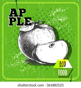 Hand drawn apple with leaf retro poster. Sketch style organic fruit illustration on vintage green half tone background. Eco food vector.