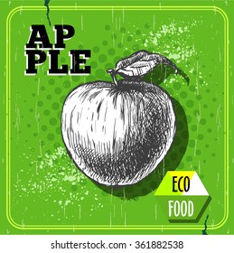 Hand drawn apple with leaf retro poster. Sketch style organic fruit illustration on vintage green half tone background. Eco food vector.