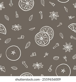 Hand drawn apple and orange slices with spices seamless pattern