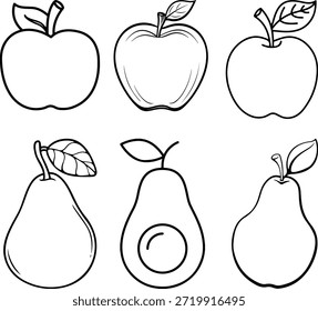 Conjunto de contorno de manzana, pera y aguacate dibujado a mano.