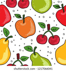 Hand drawn apple, pear, cherry, plum, pear isolated on white background. Doodle style. Seamless pattern. Design element for fabric, wallpaper or gift wrap. Hand drawn style.