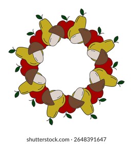Hand Drawn Apple Pear and Mushrooms Circular Frame Border Minimalistic Pop art Template Copy space