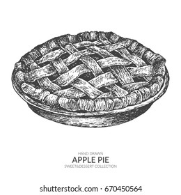 Hand drawn apple pie with ink and pen. Vintage black and white illustration. Sweet and dessert vector element.