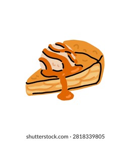 Hand drawn apple pie slice with melting vanilla ice cream scoop and caramel drizzle in orange, brown, and cream colors.