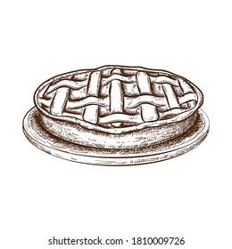 hand drawn apple pie, tart or cake on plate sketch isolated on white. pencil illustration of traditional fall pastry in vintage engraved style. Vector icon of sweet dessert with fruit, berry filling