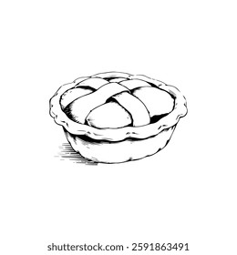 Hand drawn apple pie vintage illustration. Engraving style black and white on white backgrounds. Vector