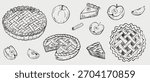 Hand drawn apple pies, pie slices, apples, and cinnamon stick. Bakery concept, tasty apple pie. Vector sketch illustration in vintage crayon charcoal style