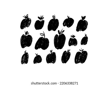 Hand drawn apple silhouettes collection. Pencil drawn apples illustrations. Abstract fruit isolated on white background. Vintage, retro and sketch style. Charcoal and pencil texture with rough edges.