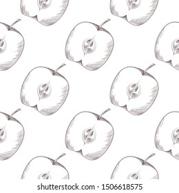 Hand drawn apple slice seamless pattern. Apple fruit wallpaper. Engraving vintage style. Design for wrapping paper, textile print. Vector illustration