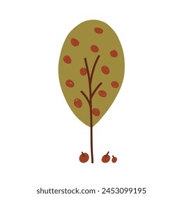 Hand drawn apple tree, cartoon flat vector illustration isolated on white background. Autumn nature element. Concepts of gardening and harvest.