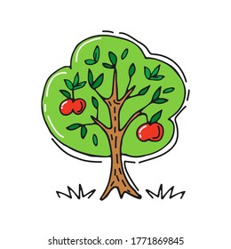 Hand drawn apple tree isolated on white background. Doodle style. Vector illustration. Design element for greeting card, leaflet, booklet, poster, banner.
