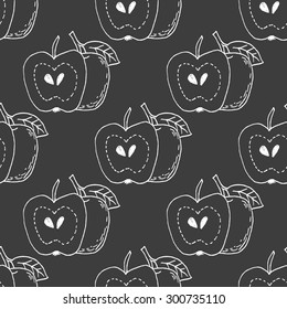 Hand drawn apple vector seamless texture white on black chalk like