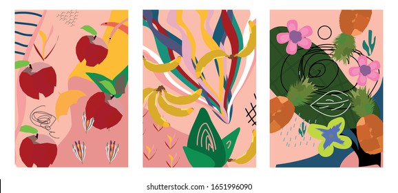 Hand drawn Apples, bananas, pineapples, berries, leaves and various shapes, spots, dots and lines. Different colours. Set of three abstract modern patterns. vector