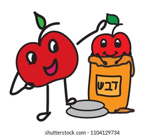 Hand drawn apples cartoon characters and honey jar