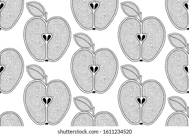 Hand drawn apples and leaves for anti stress colouring page. Seamless pattern for coloring book. Illustration in zentangle style. Black and white background.
