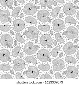 Hand drawn apples and leaves for anti stress colouring page. Seamless pattern for coloring book. Illustration in zentangle style. Black and white background.