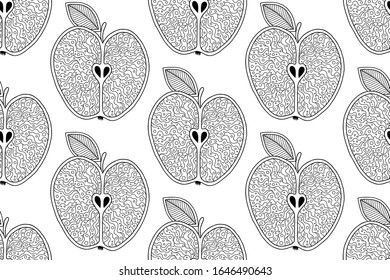 Hand drawn apples and leaves for anti stress colouring page. Seamless pattern for coloring book. Illustration in zentangle style. Black and white background.