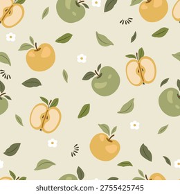Hand drawn apples leaves and white flowers. Vector spring illustration with flowers and fruits, seamless pattern.