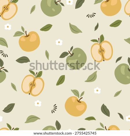 Hand drawn apples leaves and white flowers. Vector spring illustration with flowers and fruits, seamless pattern.