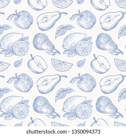 Hand Drawn Apples Pears and Lemons Harvest Vector Seamless Background Pattern. Fruits and Leaves Sketches Card or Cover Template.