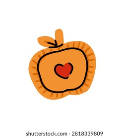 Hand drawn apple-shaped mini pie with heart-shaped vent, novelty pastry design in red and orange colors.