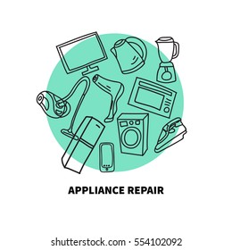 Hand drawn appliances - hairdryer, TV, blender, iron, washing machine, refrigerator, cleaner, kettle. Vector doodles.