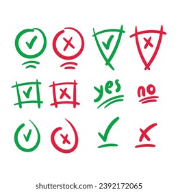 hand drawn approval and cancellation symbols set. handwritten words yes, no. check and cancel symbols inside the circle