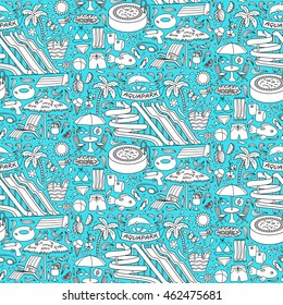 Hand drawn aquapark seamless pattern. Water entertainment objects and elements. Doodle coloring wallpaper