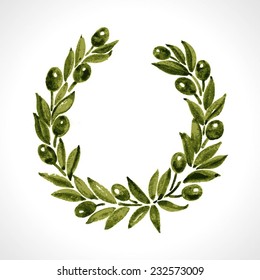 Hand drawn aquarelle laurel wreath and olive branch.  Leaves and branches round frames.