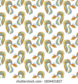 Hand drawn aquarium fish seamless background. Goldfish on a white background. Vector pattern for fabric, Wallpaper, and other surfaces